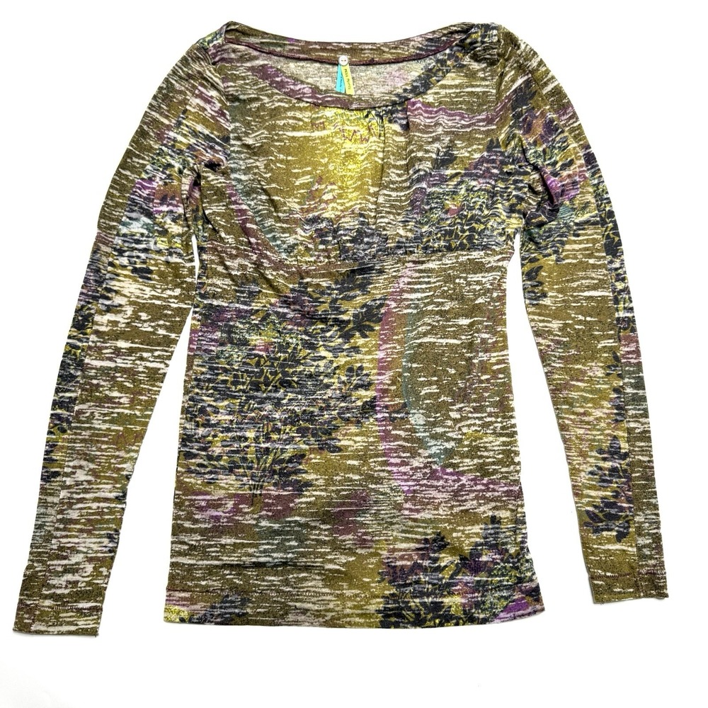 Free People Women's Size M Printed Burnout Long Sleeve Top Fitted Casual Green